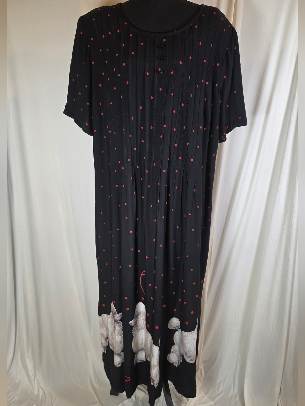 Vintage August Max Woman 18 Black Red Polka Dot Poodle Rayon Maxi Dress